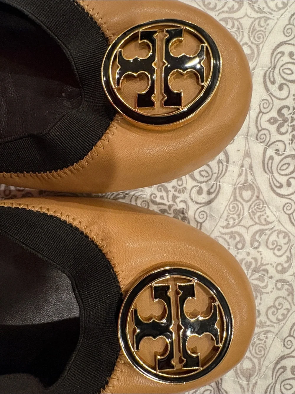 Tory Burch Tan Leather Logo Ballet Flats with Black Trim
